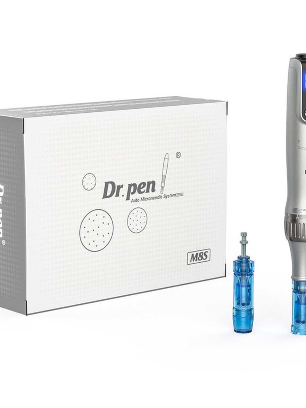 M8S Microneedling Device — Silver with Blue Cartridges